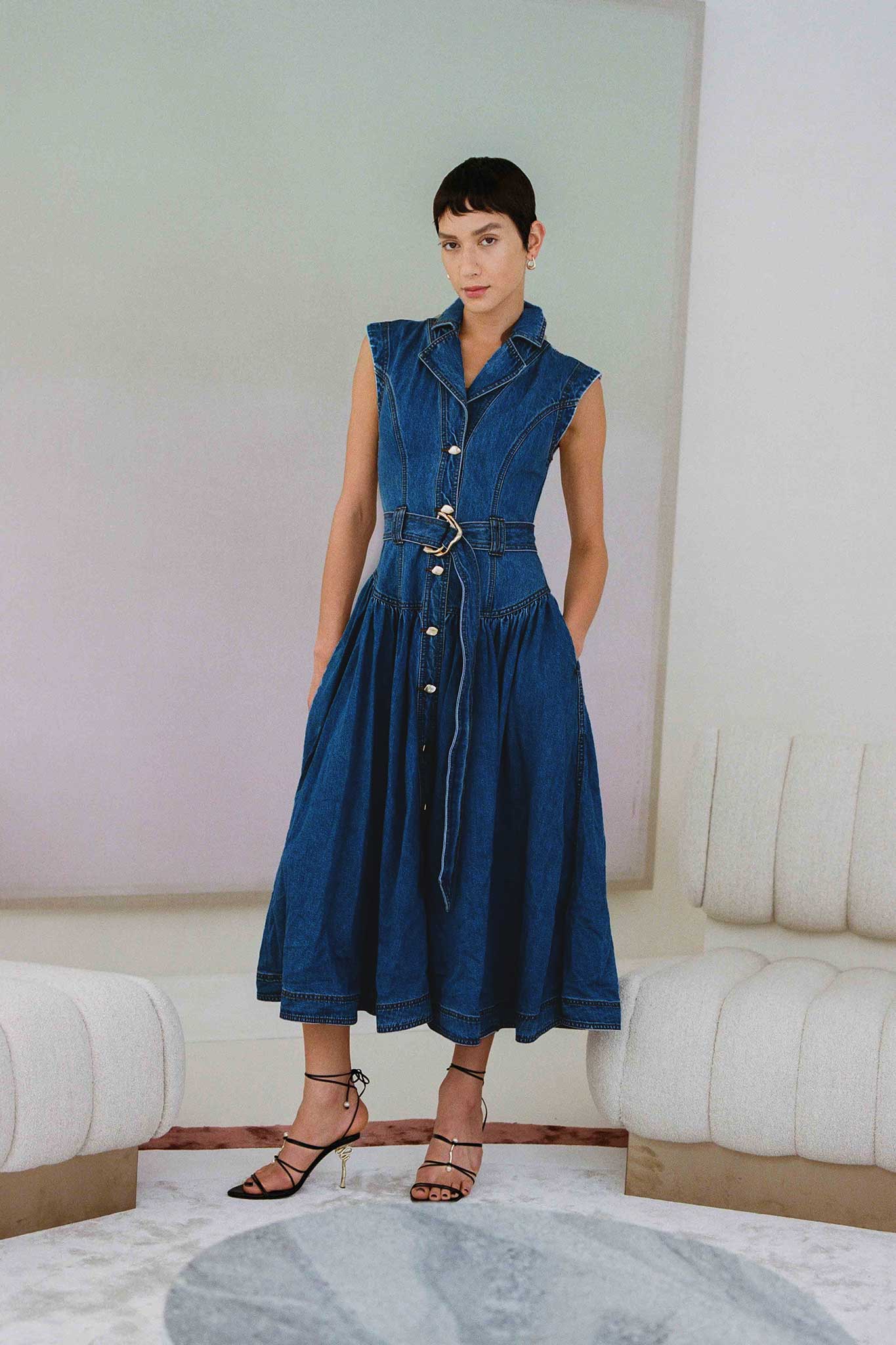 Fitted denim midi clearance dress